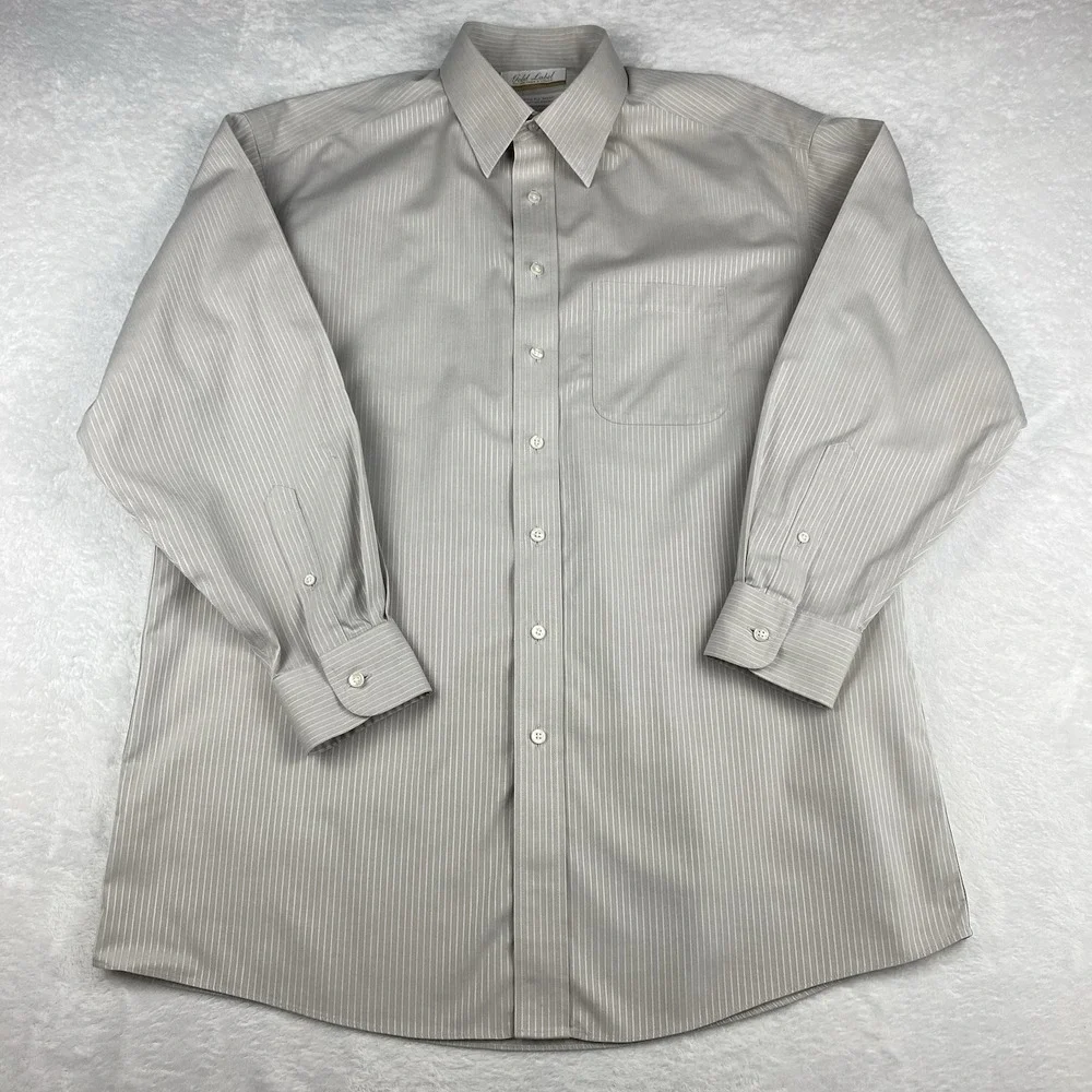 Roundtree & Yorke Gold Label Dress Shirt Mens 16-33 Beige Stripes Non Iron Dobby - Picture 3 of 7
